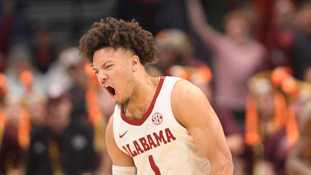 Mar 12, 2023; Nashville, TN, USA; Alabama Crimson Tide guard Mark Sears (1) celebrates a made three against the Texas A&M Aggies during the first half at Bridgestone Arena. Mandatory Credit: Steve Roberts-USA TODAY Sports